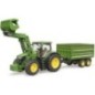 Bruder John Deere 7R 350 traktori etukuormaajalla ja perävaunulla